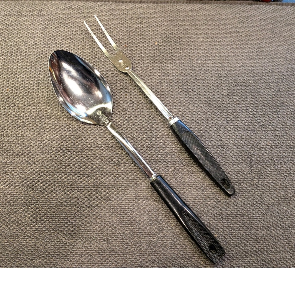 Vintage EKCO USA Basting Spoon Meat Fork Set Black Handle Kitchen